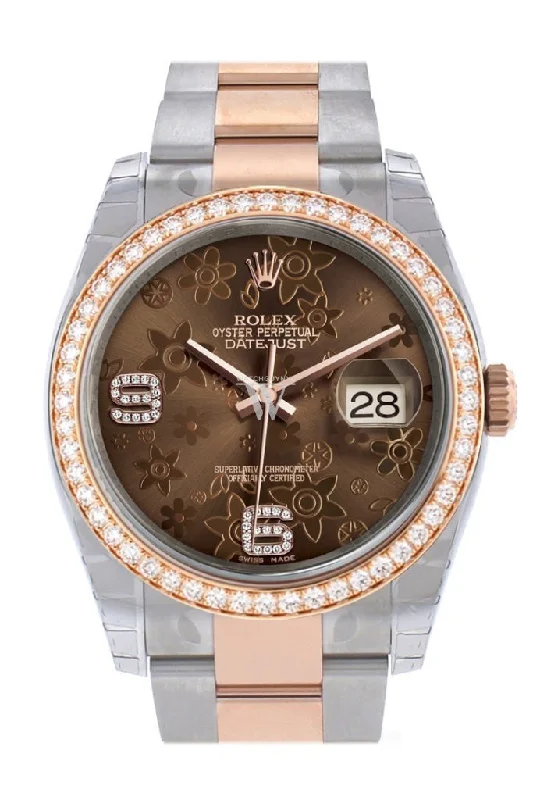 Custom Diamond Bezel Rolex Datejust 36 Chocolate Floral Motif Dial Oyster Rose Gold Two Tone Watch 116201 116231 Pre-owned