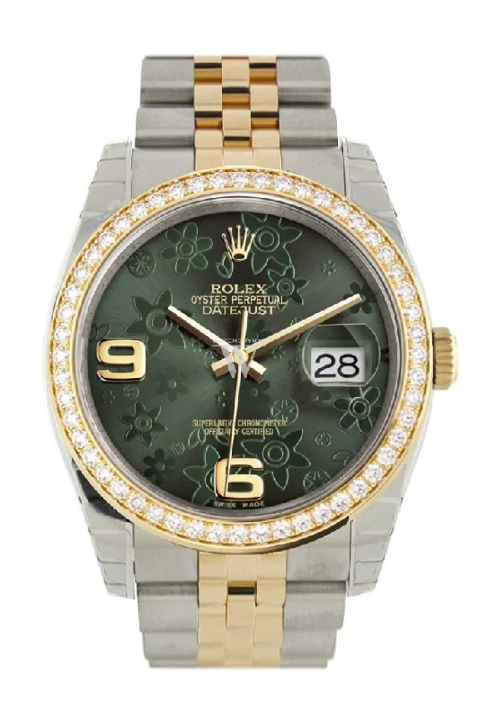 Custom Diamond Bezel Rolex Datejust 36 Green floral motif Arab Dial Jubilee Yellow Gold Two Tone Watch 116203 Pre-owned