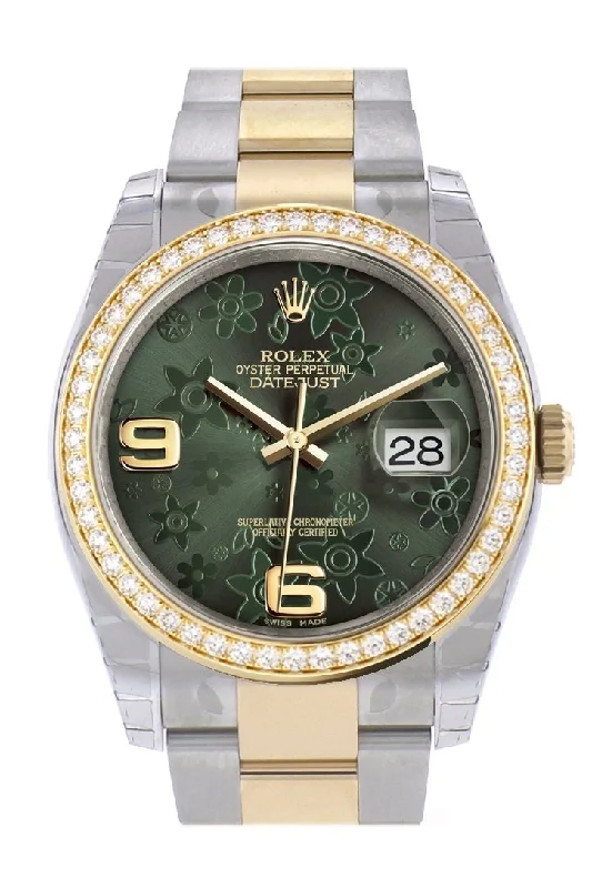 Custom Diamond Bezel Rolex Datejust 36 Green floral motif Arab Dial Oyster Yellow Gold Two Tone Watch 116203 Pre-owned