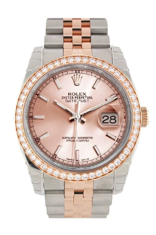 Custom Diamond Bezel Rolex Datejust 36 Pink Dial Jubilee Rose Gold Two Tone Watch 116201 Pre-owned