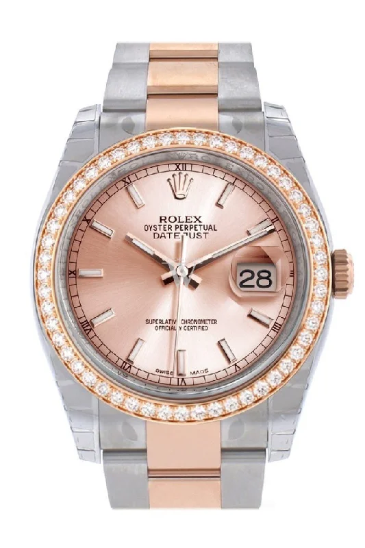 Custom Diamond Bezel Rolex Datejust 36 Pink Dial Oyster Rose Gold Two Tone Watch 116201 116231 Pre-owned