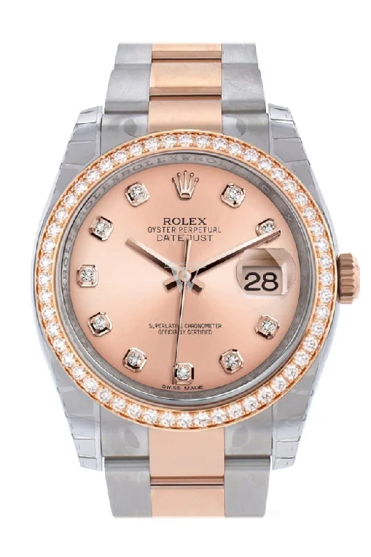 Custom Diamond Bezel Rolex Datejust 36 Pink Dial Oyster Rose Gold Two Tone Watch 116201 116231 Pre-owned