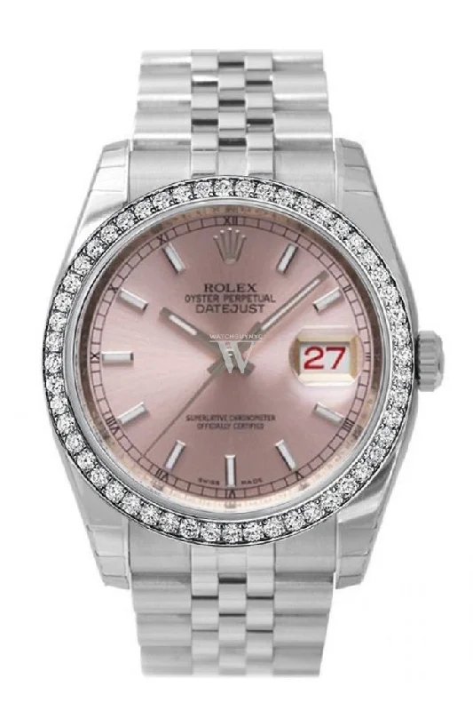 Custom Diamond Bezel Rolex Datejust 36 Pink Dial Stainless Steel Jubilee Bracelet Men's Watch 116200 Pre-owned