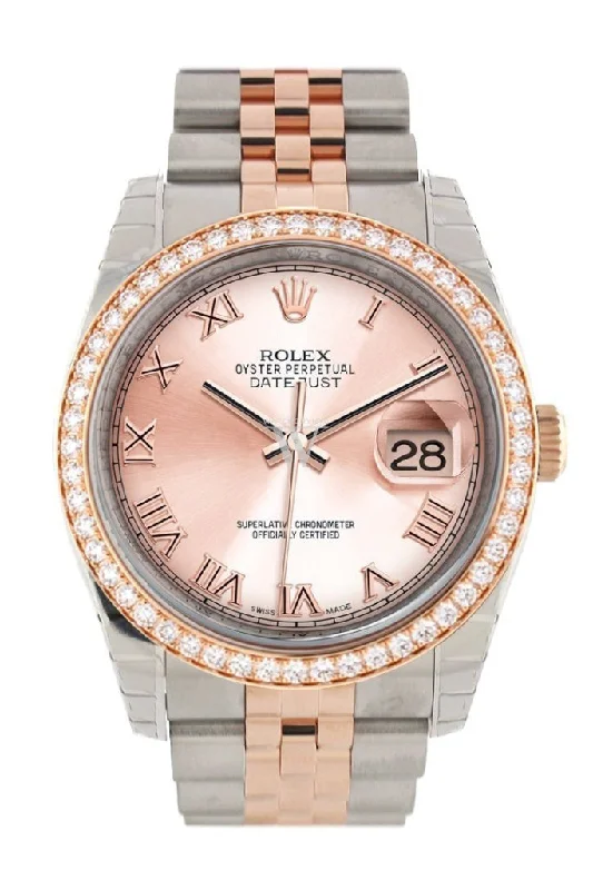 Custom Diamond Bezel Rolex Datejust 36 Pink Roman Dial Jubilee Rose Gold Two Tone Watch 116201