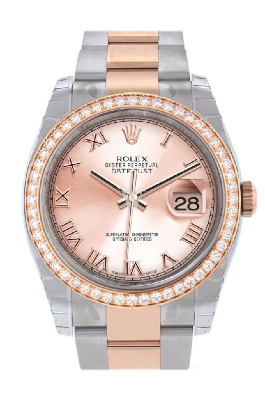 Custom Diamond Bezel Rolex Datejust 36 PInk Roman Dial Oyster Rose Gold Two Tone Watch 116201 116231 Pre-owned