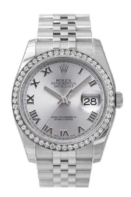 Custom Diamond Bezel Rolex Datejust 36 Rhodium Roman Dial Stainless Steel Jubilee Men's Watch 116200 Pre-owned