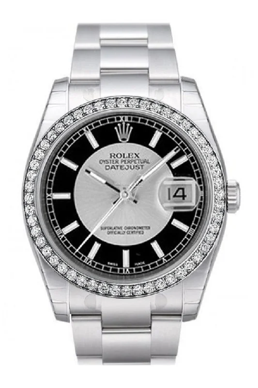 Custom Diamond Bezel Rolex Datejust 36 Silver Black Dial Stainless Steel Jubilee Men's Watch 116200 Pre-owned