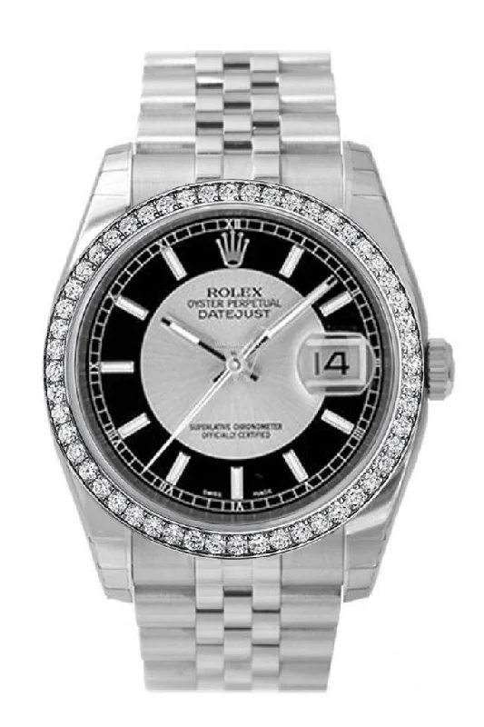 Custom Diamond Bezel Rolex Datejust 36 Silver Black Dial Stainless Steel Jubilee Men's Watch 116200 Pre-owned