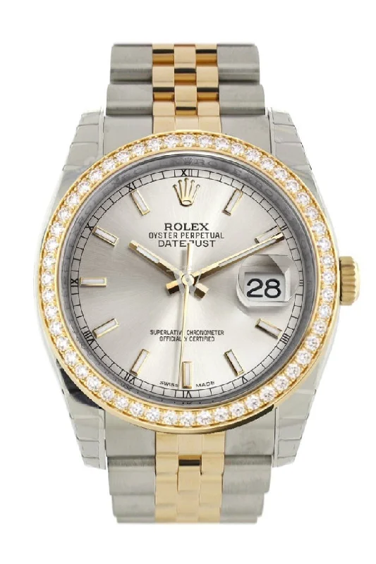 Custom Diamond Bezel Rolex Datejust 36 Silver Dial Jubilee Yellow Gold Two Tone Watch 116203 Pre-owned