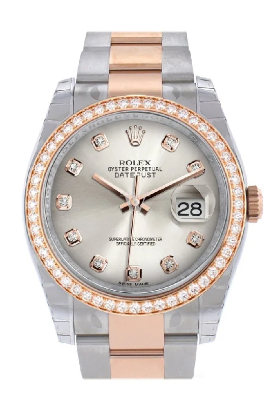 Custom Diamond Bezel Rolex Datejust 36 Silver Dial Oyster Rose Gold Two Tone Watch 116201 116231 Pre-owned