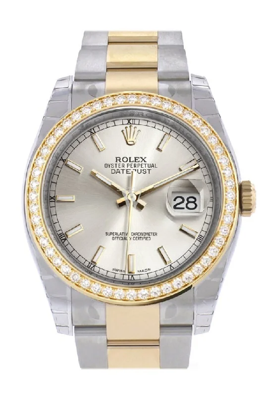 Custom Diamond Bezel Rolex Datejust 36 Silver Dial Oyster Yellow Gold Two Tone Watch 116203 Pre-owned