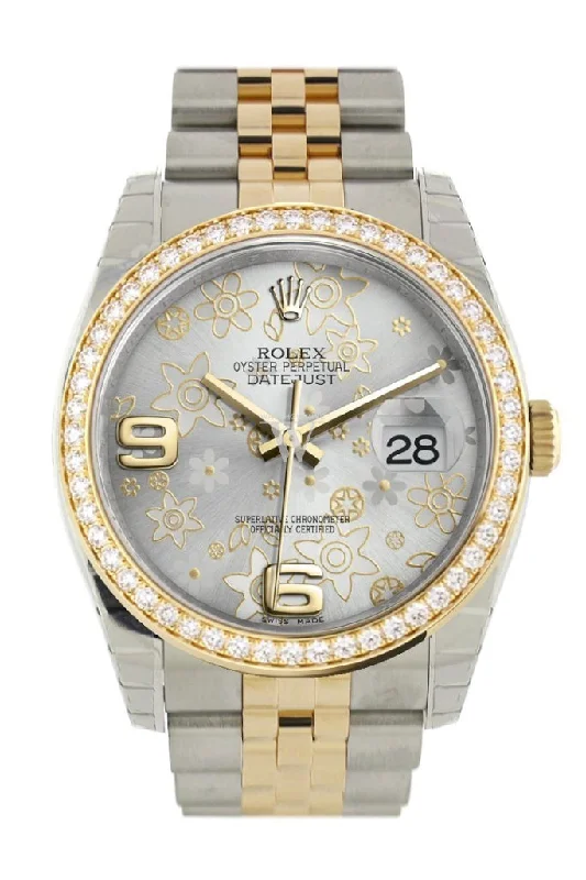 Custom Diamond Bezel Rolex Datejust 36 Silver floral motif Arab Dial Jubilee Yellow Gold Two Tone Watch 116203 116233 Pre-owned