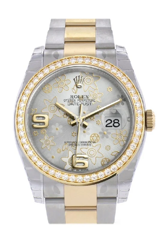 Custom Diamond Bezel Rolex Datejust 36 Silver floral motif Arab Dial Yellow Gold Two Tone Watch 116203 116233 Pre-owned