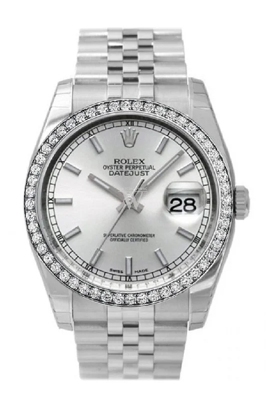 Custom Diamond Bezel Rolex Datejust 36 Silver Dial Stainless Steel Jubilee Bracelet Men's Watch 116200 Pre-owned