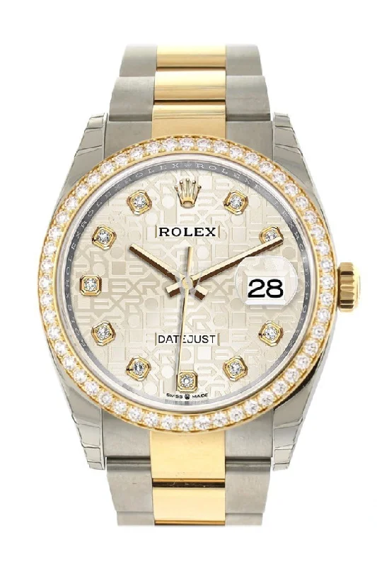 Custom Diamond Bezel Rolex Datejust 36 Silver Jubilee Design Set with Diamonds Dial Oyster Yellow Gold Two Tone Watch 126203