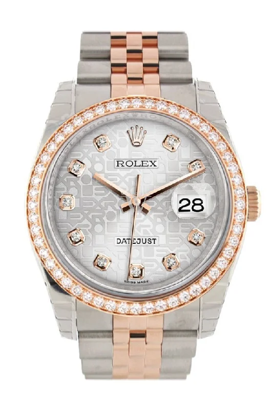 Custom Diamond Bezel Rolex Datejust 36 Silver Jubilee Diamond Dial Jubilee Rose Gold Two Tone Watch 116201 Pre-owned