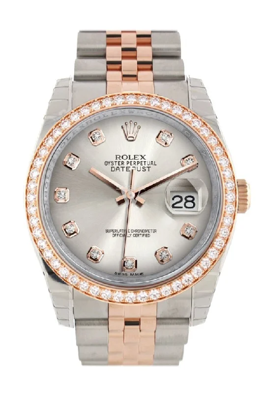 Custom Diamond Bezel Rolex Datejust 36 Silver Set with Diamonds Dial Jubilee Rose Gold Two Tone Watch 116201 Pre-owned