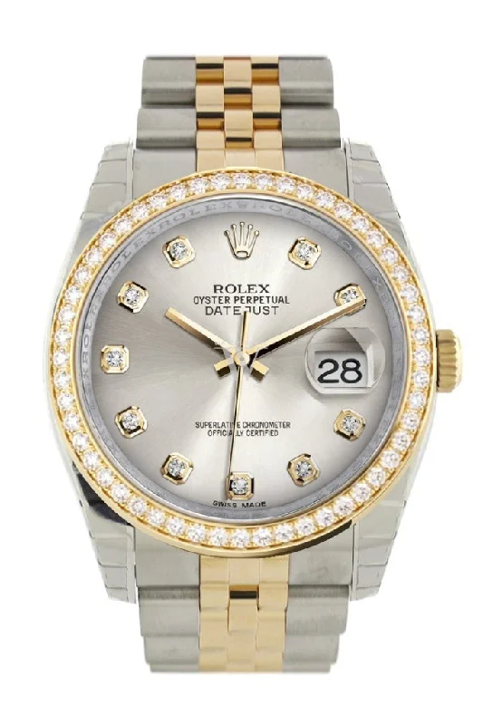 Custom Diamond Bezel Rolex Datejust 36 Silver diamonds Dial Jubilee Yellow Gold Two Tone Watch 116203 Pre-owned