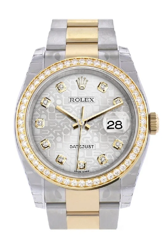 Custom Diamond Bezel Rolex Datejust 36 Silver set with diamonds Dial Oyster Yellow Gold Two Tone Watch 116203 116233 Pre-owned