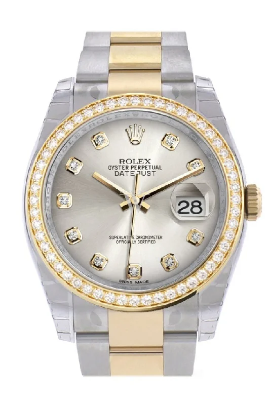 Custom Diamond Bezel Rolex Datejust 36 Silver diamonds Dial Oyster Yellow Gold Two Tone Watch 116203 Pre-owned