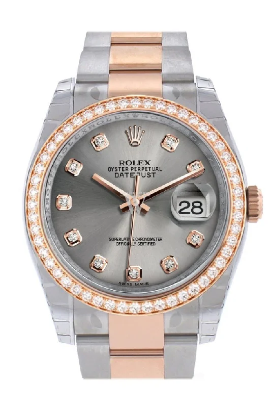 Custom Diamond Bezel Rolex Datejust 36 Steel Dial Rose Gold Two Tone Watch 116201 116231 Pre-owned