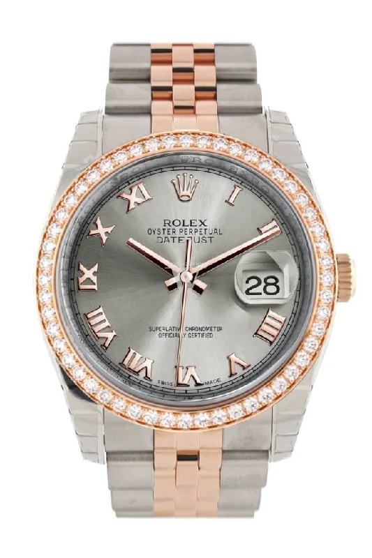 Custom Diamond Bezel Rolex Datejust 36 Steel Roman Dial Jubilee Rose Gold Two Tone Watch 116201 Pre-owned