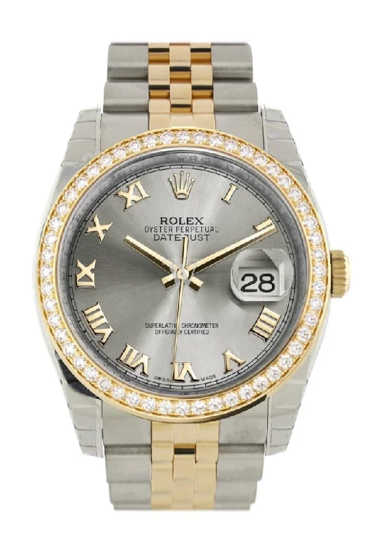 Custom Diamond Bezel Rolex Datejust 36 Steel Roman Dial Jubilee Yellow Gold Two Tone Watch 116203 Pre-owned