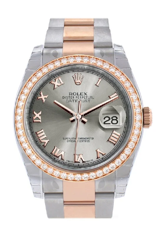 Custom Diamond Bezel Rolex Datejust 36 Steel Roman Dial Rose Gold Two Tone Watch 116201 116231 Pre-owned