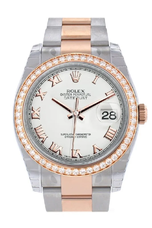 Custom Diamond Bezel Rolex Datejust 36 Steel Roman Dial Oyster Rose Gold Two Tone Watch 116201 116231 Pre-owned