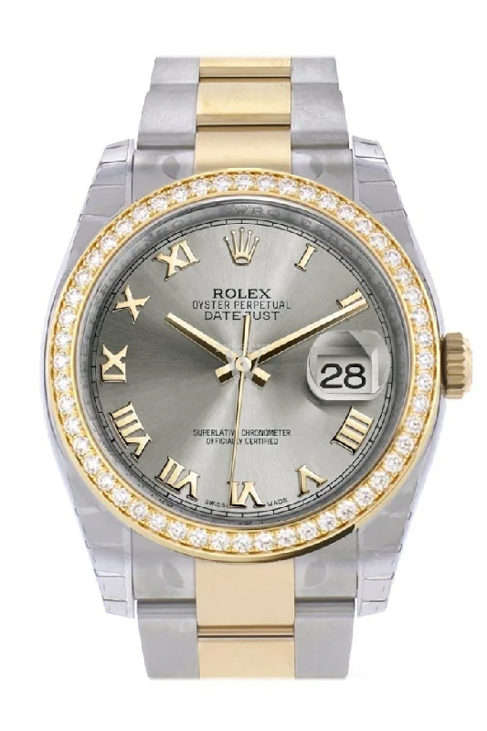 Custom Diamond Bezel Rolex Datejust 36 Steel Roman Dial Oyster Yellow Gold Two Tone Watch 116203 Pre-owned