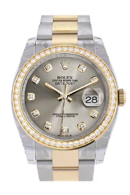 Custom Diamond Bezel Rolex Datejust 36 Steel set with diamonds Dial Yellow Gold Two Tone Watch 116203 Pre-owned