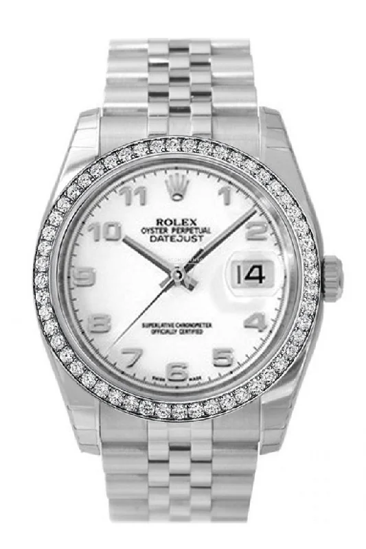 Custom Diamond Bezel Rolex Datejust 36 White Arab Dial Stainless Steel Jubilee Men's Watch 116200 Pre-owned