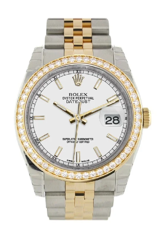 Custom Diamond Bezel Rolex Datejust 36 White Dial Jubilee Yellow Gold Two Tone Watch 116203 116233 Pre-owned