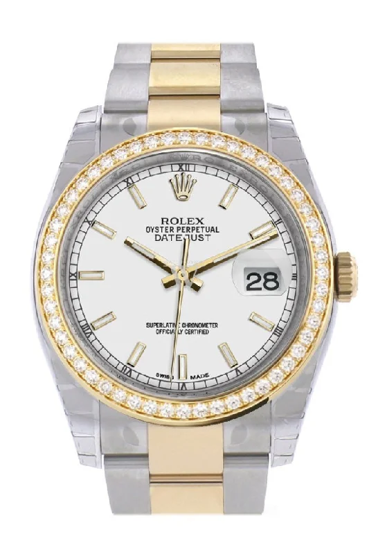 Custom Diamond Bezel Rolex Datejust 36 White Dial Oyster Yellow Gold Two Tone Watch 116203 Pre-owned