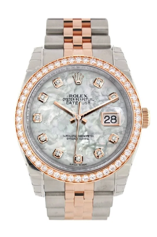 Custom Diamond Bezel Rolex Datejust 36 White Mother of Pearl Design Diamonds Dial Jubilee Rose Gold Two Tone Watch 116201 116231 Pre-owned