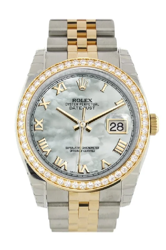 Custom Diamond Bezel Rolex Datejust 36 White mother-of-pearl Roman Dial Jubilee Yellow Gold Two Tone Watch 116203 116233 Pre-owned