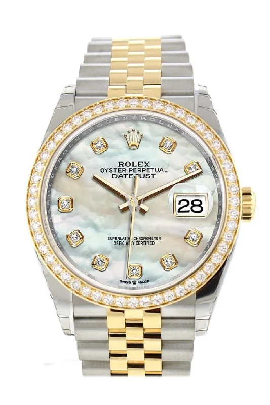 Custom Diamond Bezel Rolex Datejust 36 White Mother-of-Pearl Set with Diamonds Dial Jubilee Yellow Gold Two Tone Watch