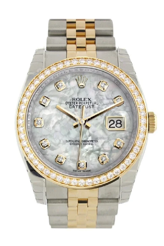 Custom Diamond Bezel Rolex Datejust 36 White mother-of-pearl diamonds Dial Jubilee Yellow Gold Two Tone Watch 116203 116233 Pre-owned