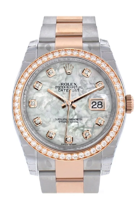 Custom Diamond Bezel Rolex Datejust 36 White mother-of-pearl set with diamonds Rose Gold Two Tone Watch 116201 116231 Pre-owned