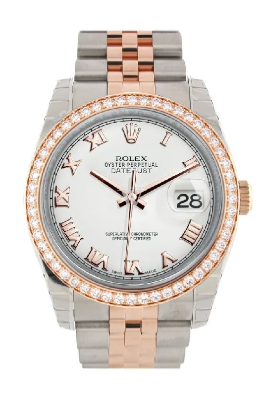 Custom Diamond Bezel Rolex Datejust 36 White Roman Dial Jubilee Rose Gold Two Tone Watch 116201 Pre-owned