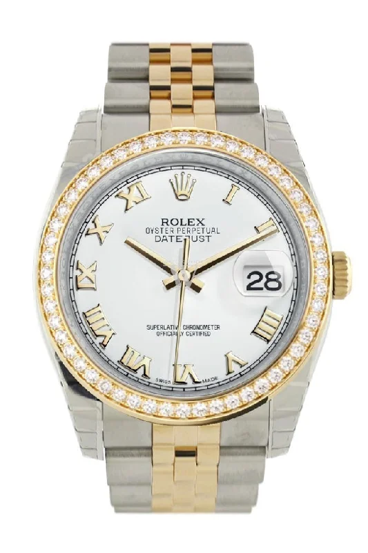 Custom Diamond Bezel Rolex Datejust 36 White Roman Dial Jubilee Yellow Gold Two Tone Watch 116203 Pre-owned