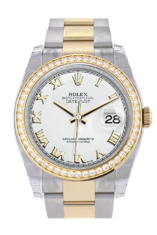 Custom Diamond Bezel Rolex Datejust 36 White Roman Dial Oyster Yellow Gold Two Tone Watch 116203 Pre-owned