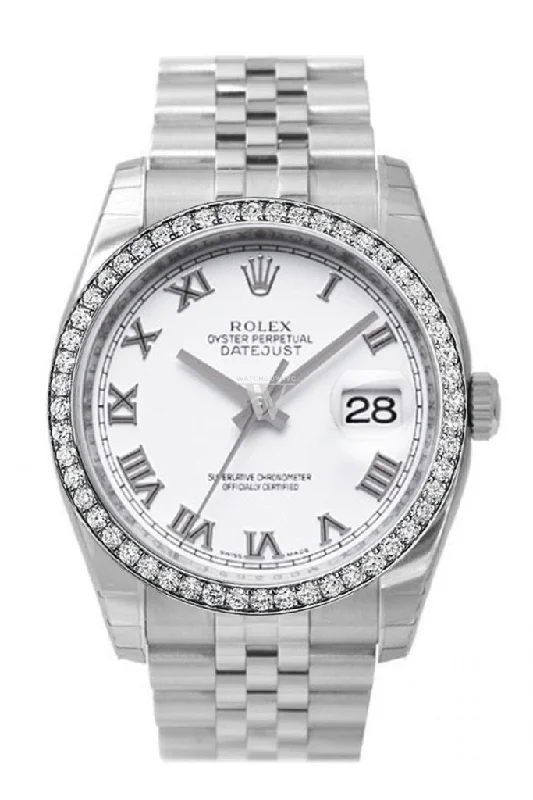 Custom Diamond Bezel Rolex Datejust 36 White Roman Dial Stainless Steel Jubilee Men's Watch 116200 Pre-owned