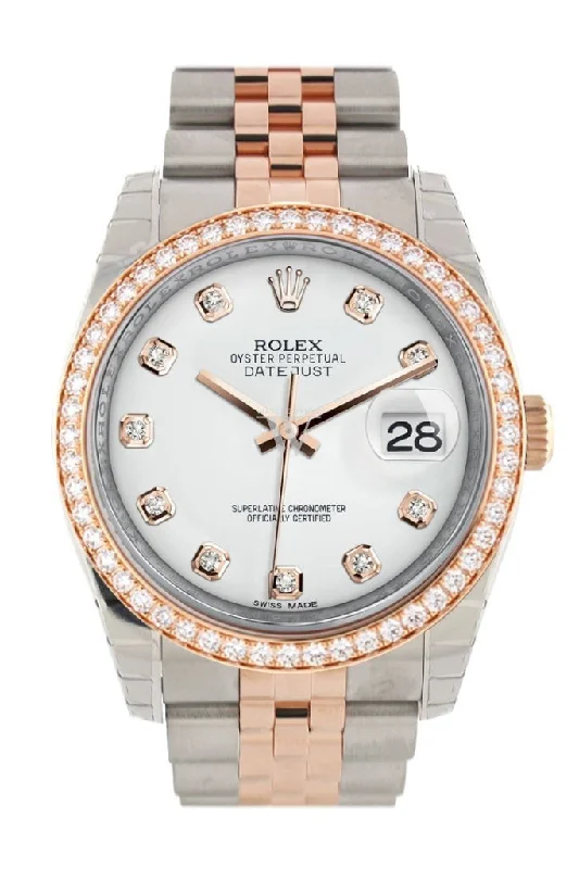 Custom Diamond Bezel Rolex Datejust 36 White Set with Diamonds Dial Jubilee Rose Gold Two Tone Watch 116201 Pre-owned