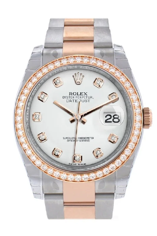 Custom Diamond Bezel Rolex Datejust 36 White set with diamonds Dial Oyster Rose Gold Two Tone Watch 116201 Pre-owned