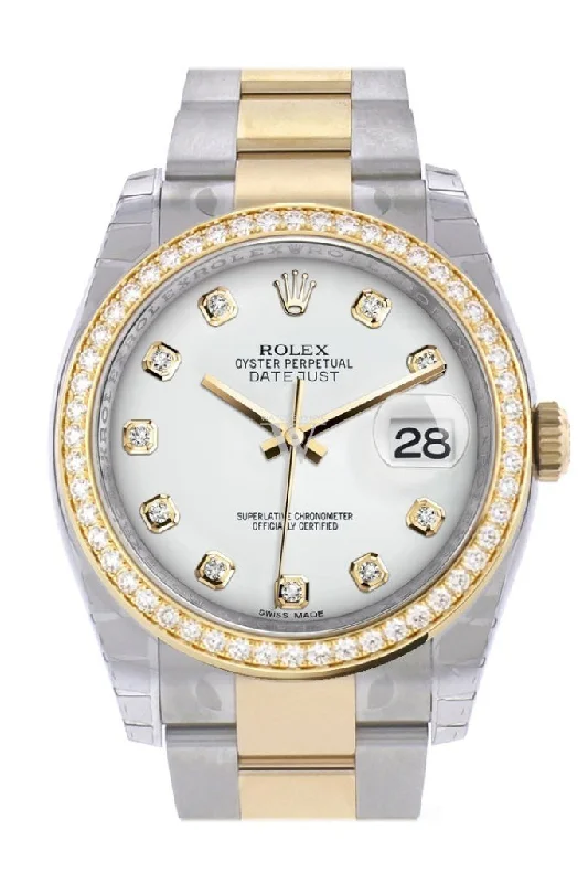 Custom Diamond Bezel Rolex Datejust 36 White diamonds Dial Oyster Yellow Gold Two Tone Watch 116203 Pre-owned