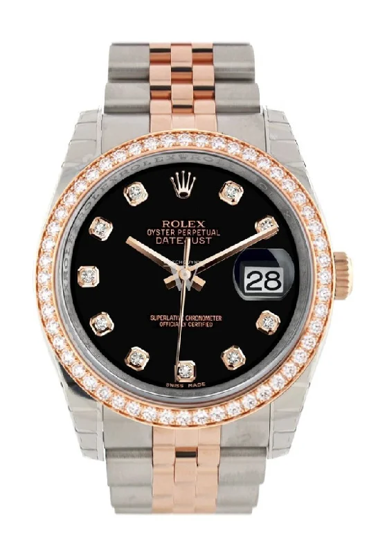 Custom Diamond Bezel Rolex Datejust 36 Black Diamond Dial Jubilee Rose Gold Two Tone Watch 116201 116231 Pre-owned