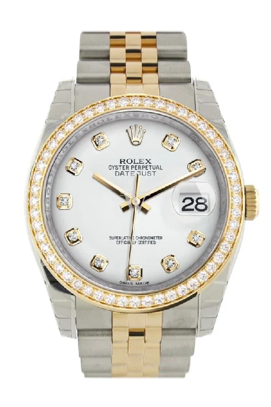 Custom Diamond Bezel Rolex Datejust 36 White Diamonds Dial Jubilee Yellow Gold Two Tone Watch 116203 116233 Pre-owned