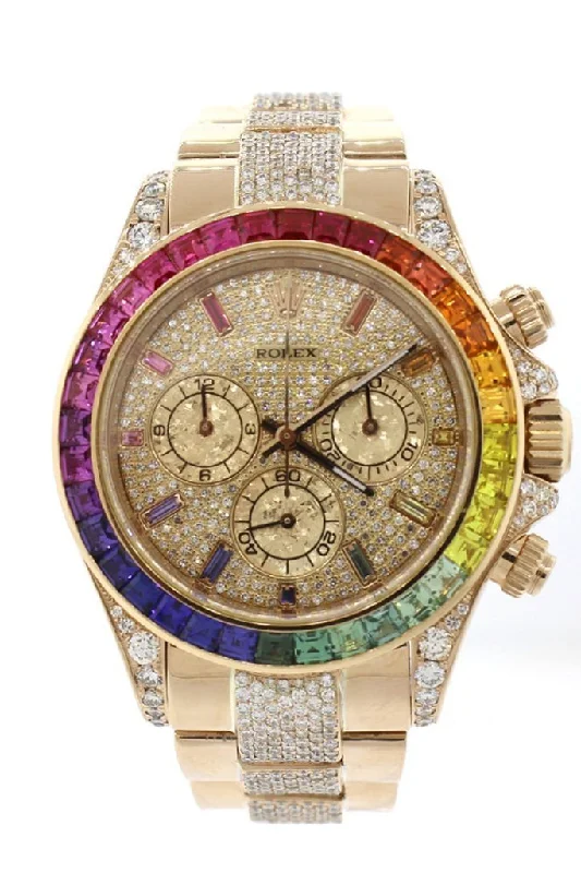 Custom Diamond Rolex Cosmograph Daytona Rainbow colored baguette Bezel Yellow Gold Oyster Men's Watch 116508