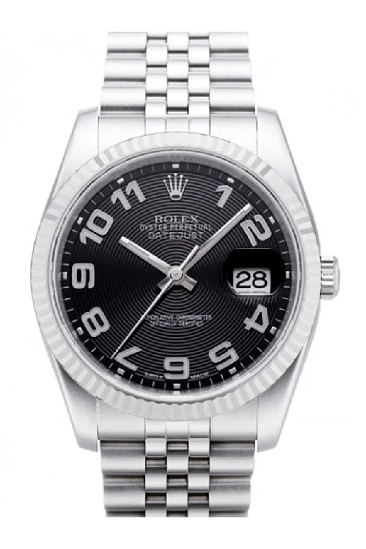 Rolex Datejust 36 Black Concentric Dial 18k White Gold Fluted Bezel Stainless Steel Jubilee Watch 116234 Pre-owned